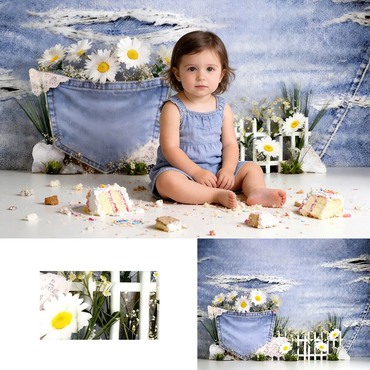 Denim Texture Photography Backdrop with Daisy Decor and White Picket Fence Rustic Spring Product Shoots Backgrounds