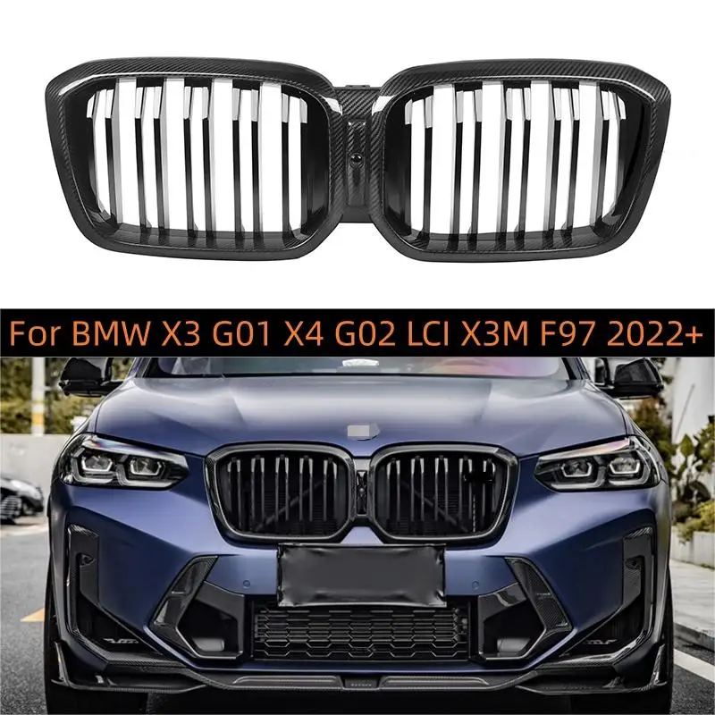 Real Carbon Fiber Front Grille Bumper Kidney Center Mesh  Double Slat  Grill For BMW X3 G01 X4 G02 X3M X4M F97 F98 LCI 2022-UP