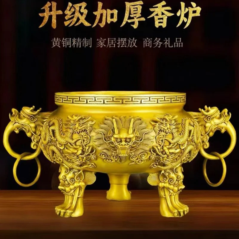 Brass Kowloon Incense Burner Ornaments Home Indoor Buddhist Hall and Temple Three-Legged Stove Crafts Large Dragon Playing Beads