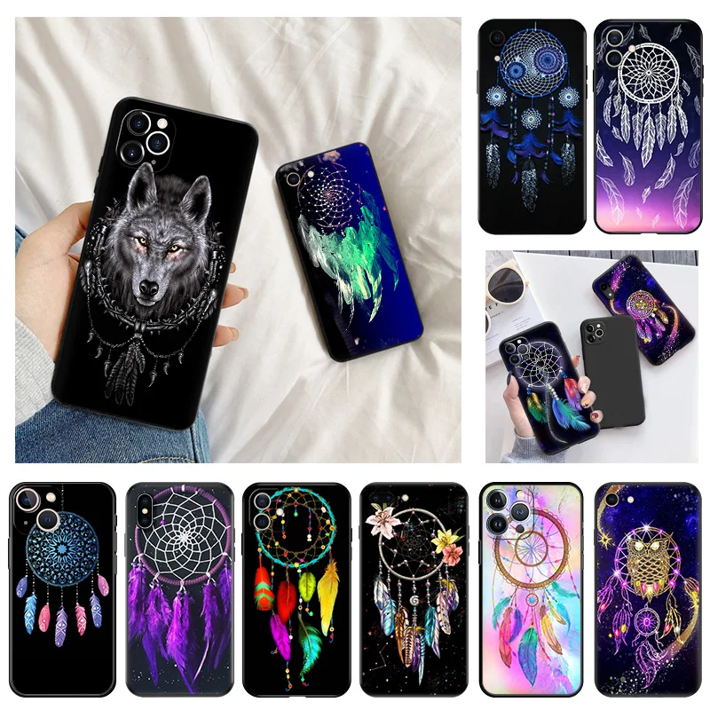 Phone Case for iphone 16 Pro 15 12 11 13 Mini 14 Plus SE XR X XS Max Dreamcatcher Starry Sky Feathers Soft Black Anti-Drop Cover