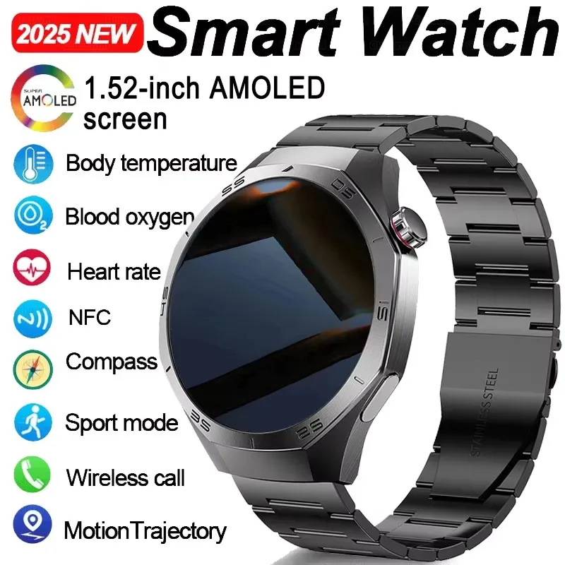 

Smart Watch Men Watch 5 Pro 1.52 AMOLED Screen Bluetooth Call GPS Trajectory NFC Heart Rate Dynamic Lsland SmartWatches 2025 New