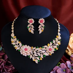 CWWZircons Luxury African Nigerican Cubic Zirconia Gold Color Big Rose Flower Bridal Wedding Necklace Earrings Jewelry Set T0637