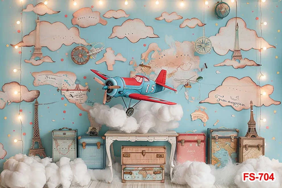 Birthday Backdrop Wooden Toy Airplane Adventure Awaits Photography Background Pilot Aircraft Travel Suitcase Banner Kids Boys