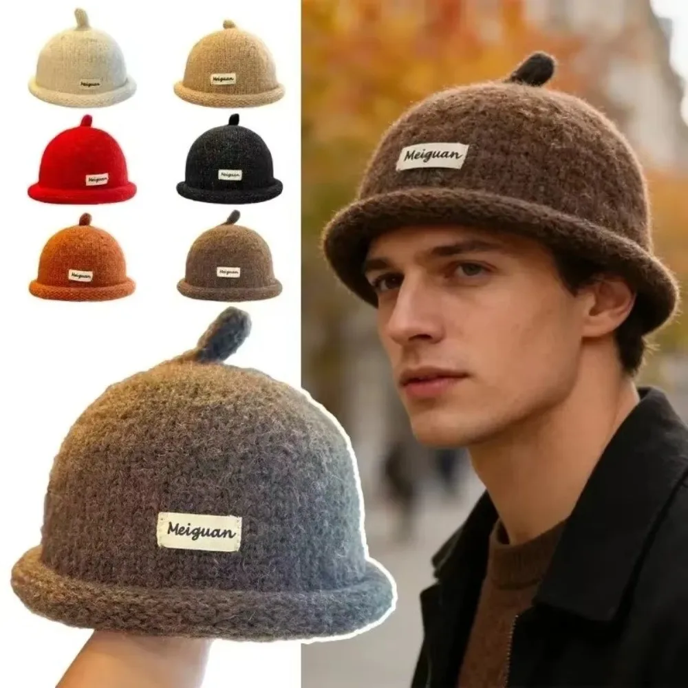 Fashion Turned-up Brim Beanie Hat Windproof Solid Color Knitted Hat Winter Warm Thickened Melon-shaped Hat