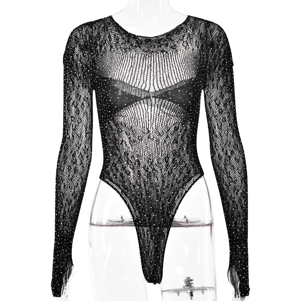 Damen Slim Fit Transparenter Langarm-Romper, Glänzender Strass-T-Shirt-Bodysuit, Party-Club-Overall mit Ausschnitten – Detail 8