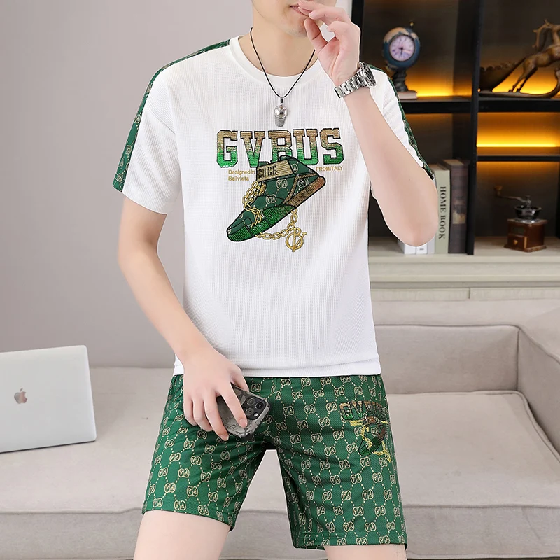 Summer Quick Drying Two Piece Set For Men  Short Sleeve T Shirts Set Embroider Shorts Beach Casual Men's Clothes