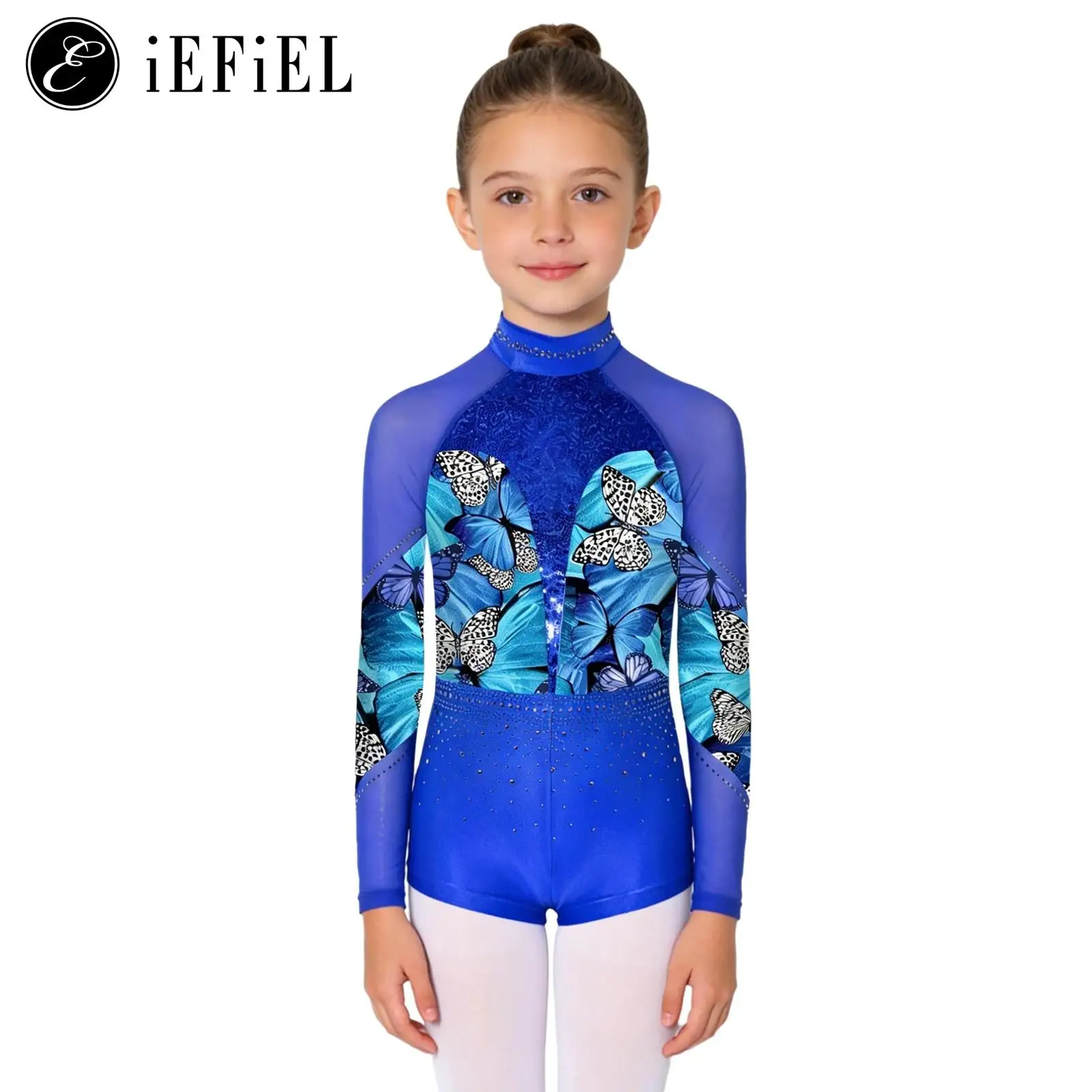 

Детские гимнастические купальники для девочек, комбинезоны с стразами, костюмы для балета и фигурного катания, с длинными рукавами, сетчатыми вставками и пайетками, для акробатики