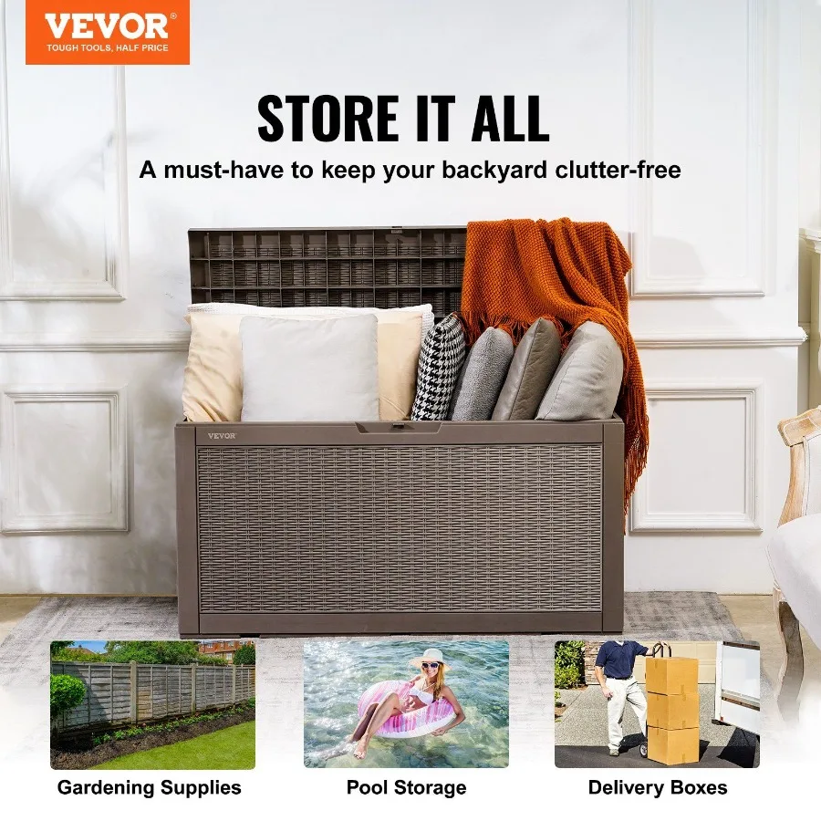 Deck Box 100 Gallon Outdoor Storage Box 48.0 x 21.5 x 24.5 Waterproof PP Deckbox with Aluminum Alloy Padlock for Patio Furnitu