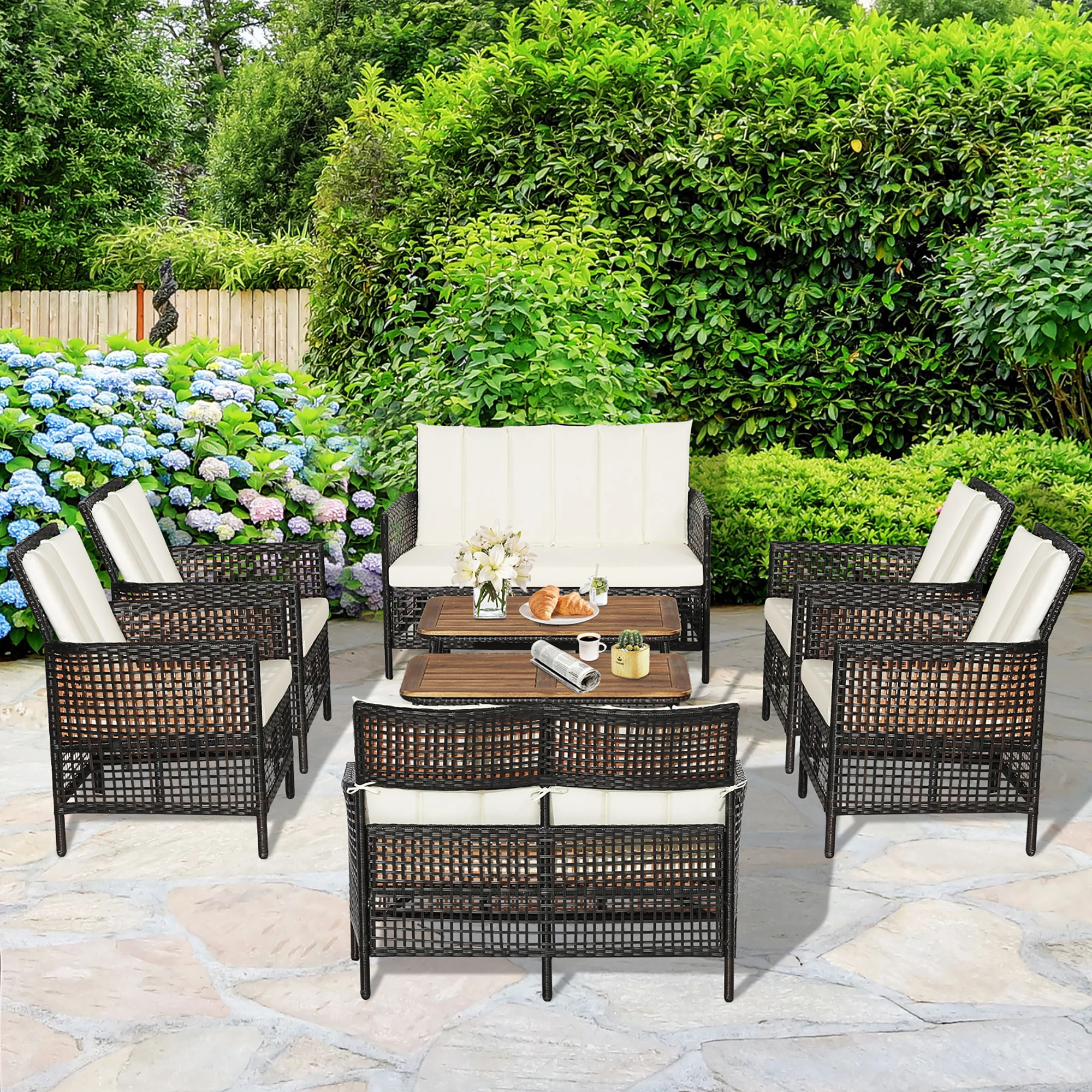 

8PCS Patio Rattan Furniture Set Cushioned Chairs Wood Table Top W/Shelf