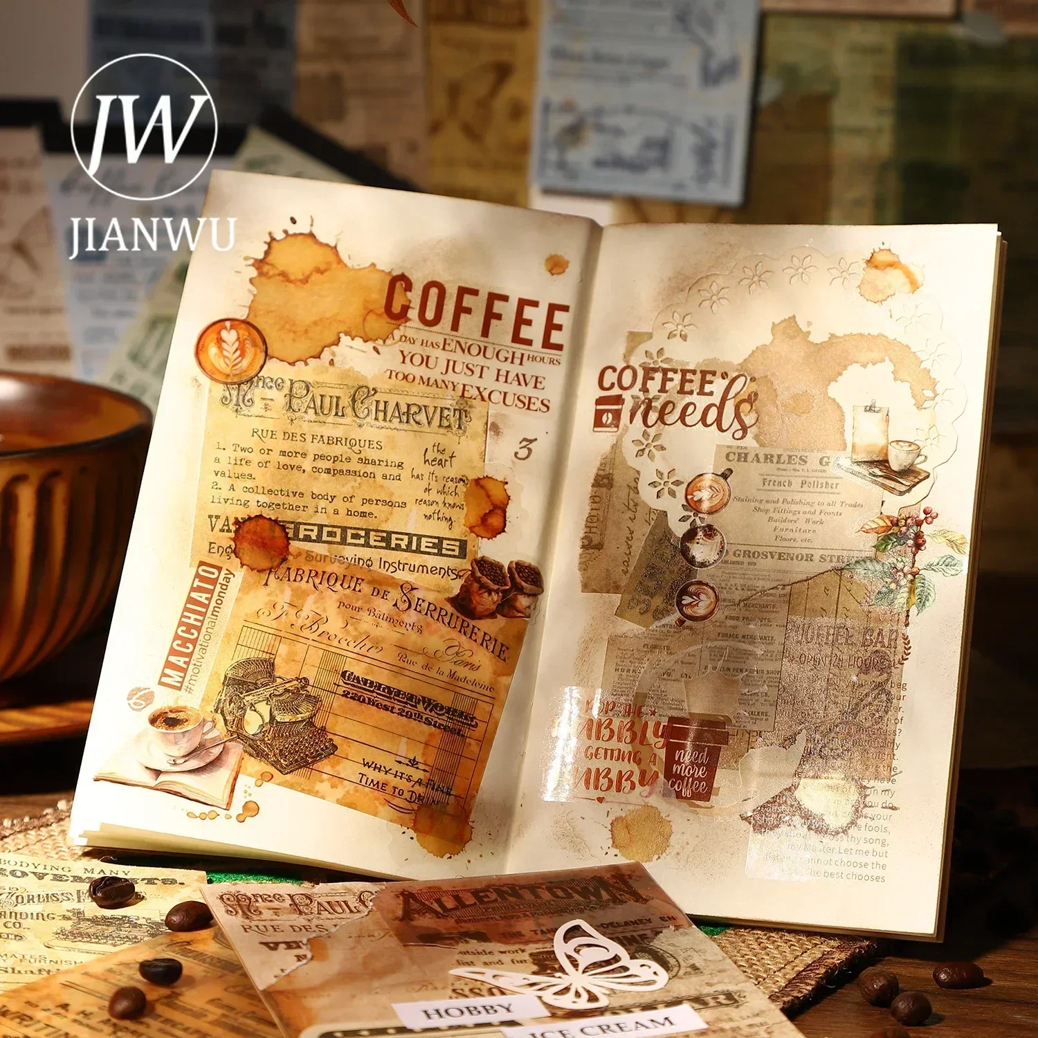 JIANWU Coffee Past Series Vintage English Text Material Collage Memo Pad Creative DIY Junk Journal Scrapbooking Stationery