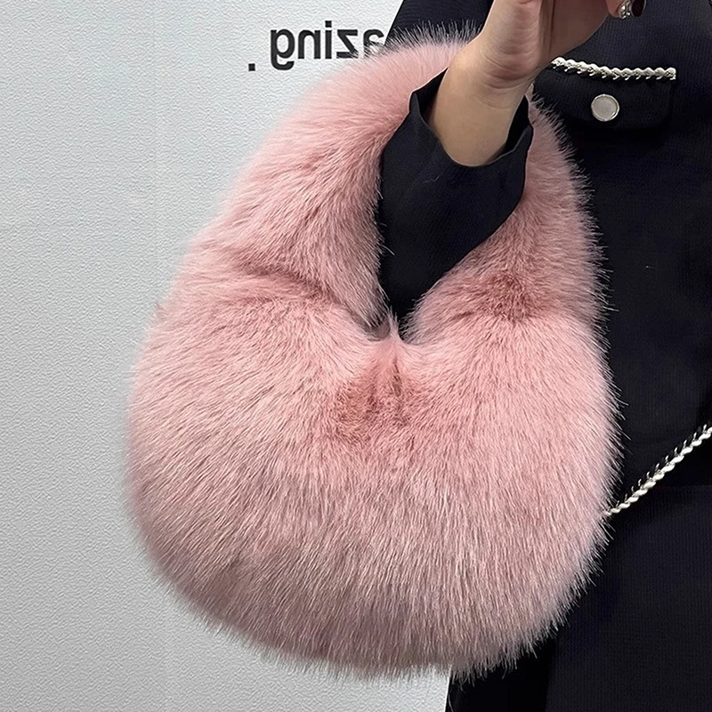 Luxury Faux Fur Ladies Shoulder Bag Soft Plush Women's Evening Tote Handbag Women's Clutch Fluffy Crossbody Bag image 2