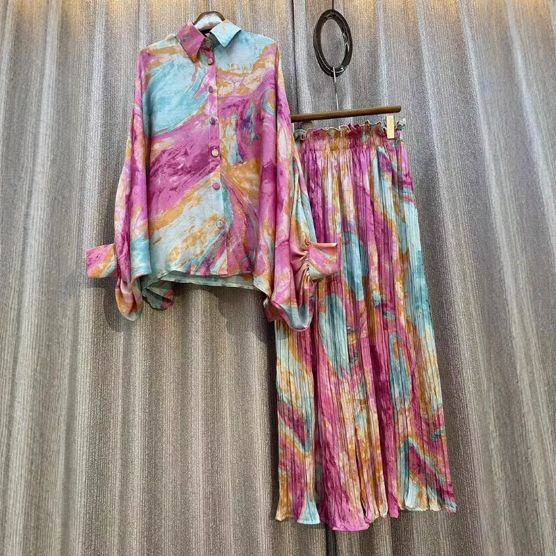 Luxury Vintage Print Women Shirts Wide-leg Pants Two-piece Sets Autumn High-waisted Straight Pants Spring Suits Long-sleeved
