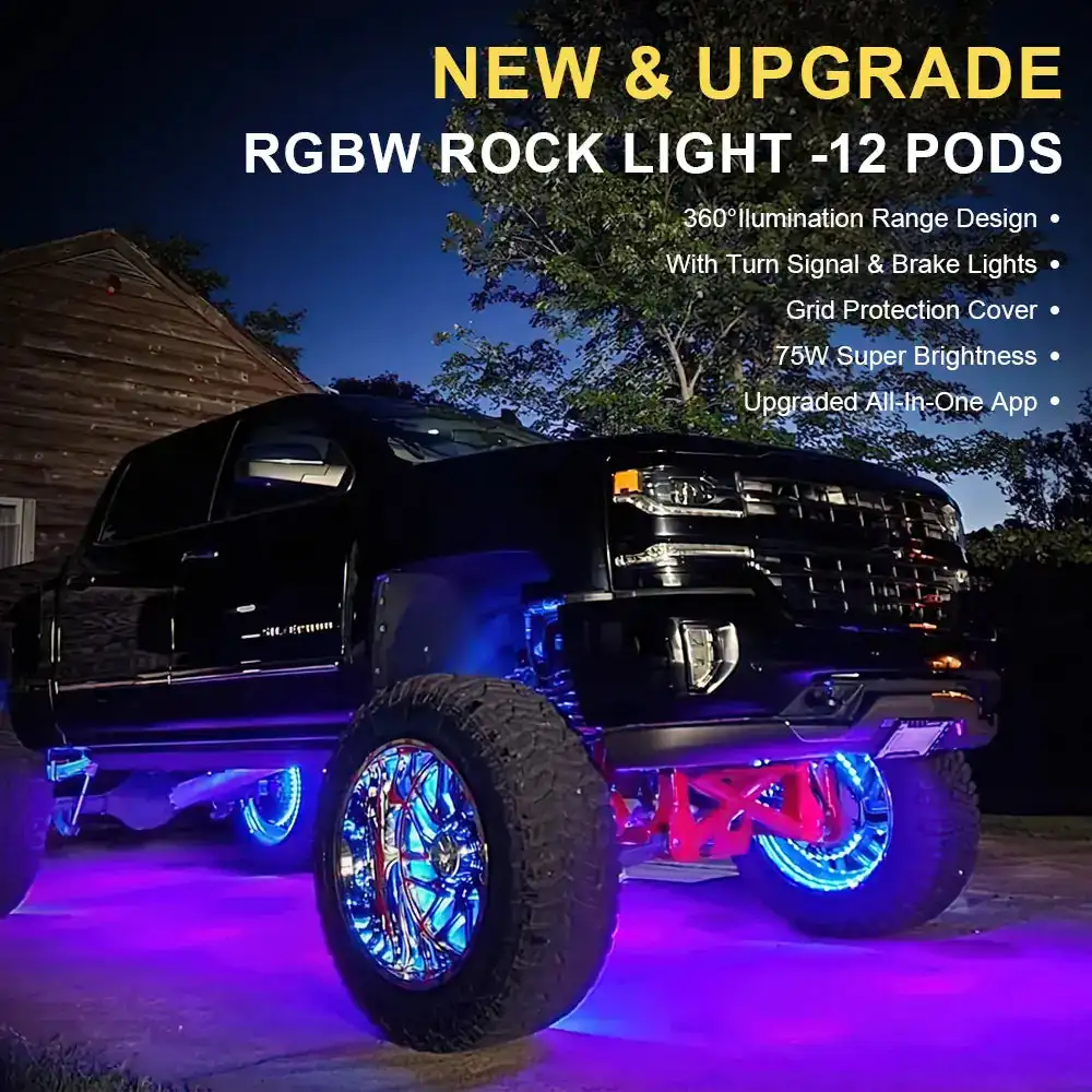 RGBW LED Rock Lights-12 Pods, Multicolor Underglow Neon Lights Kit with Bluetooth Controller