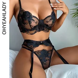 Ohyeahlady Exquisite Embroidery Bra Sets Plus Size Sexy See Through Underwear Panties Mesh 3 Pcs Garter Lingerie Briefs Outfits