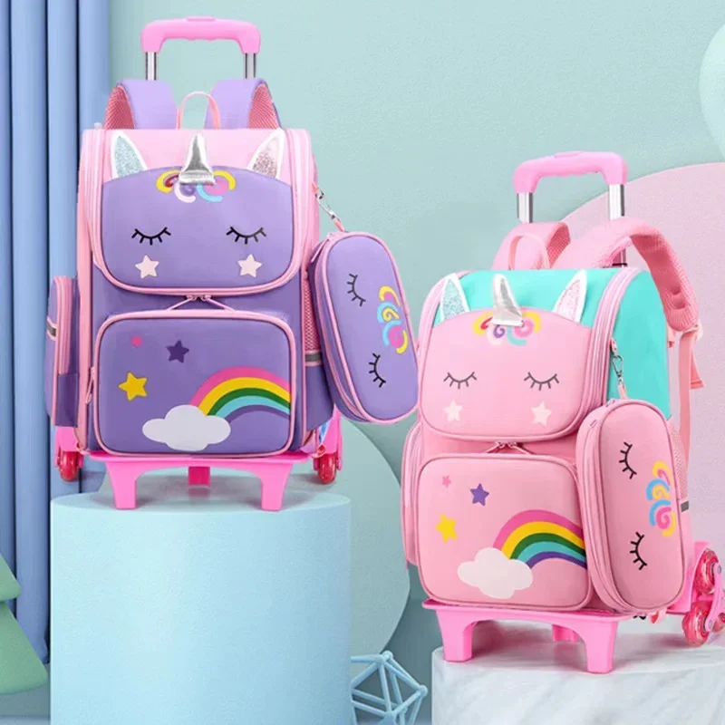 Mochilas escolares de unicornio de dibujos animados para niñas, mochila con ruedas, bolsa con ruedas, mochila rodante para estudiantes, bolsa con