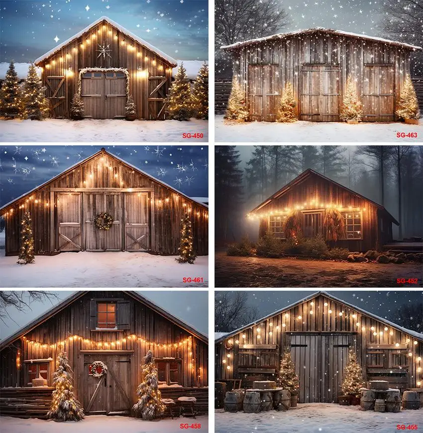 Christmas Night Vintage Wooden House Background Winter Sparkling Xmas Tree and House Bonfire Outdoor Family Party Backdrop Photo