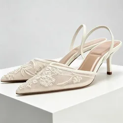 Mesh Embroidered Flowers Thin Heels Sandals Women 2025 Summer Sexy Slingback Pointed Toe Pumps Dress Shoes Sandalias De Mujer