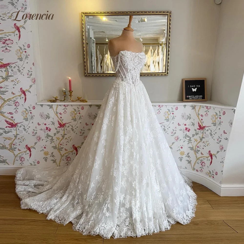 Lorencia Floral Lace Princess Wedding Dresses Strapless Pearls Beading Basque Waist A-Line Bridal Gowns Customized