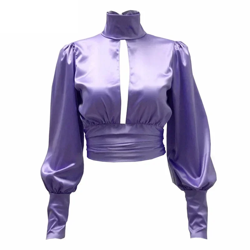 Women Blouse Satin Top Long Sleeve Sexy Hollow Out Backless Shirts Y2k Vintage Spring Summer Solid Women Clothing Turtleneck Top