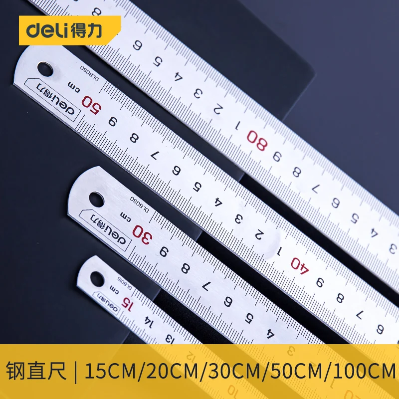 DELI-regla recta de acero inoxidable de precisión, 15-30CM, báscula de Metal gruesa plana, herramientas, suministros de oficina