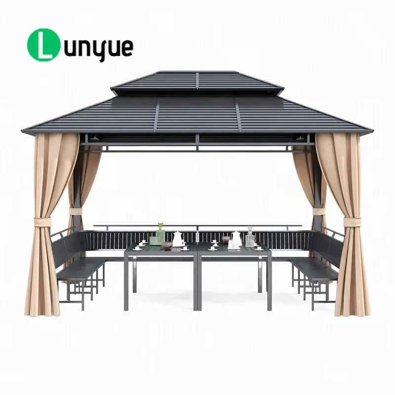 Galvanized Iron Double Roof Gazebo 3x4M Four Poster Canopy with Three Sided Benches and 2 Tables for Outdoor Garden Patio