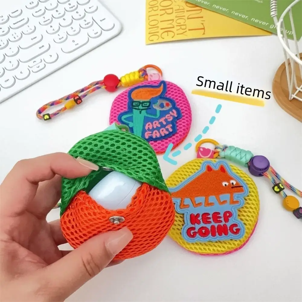 Portable Small Mesh Pouch Keychain with Handle Rope Buckle Closure Mini Coin Purse Round Breathable Headphones Organizer Keys