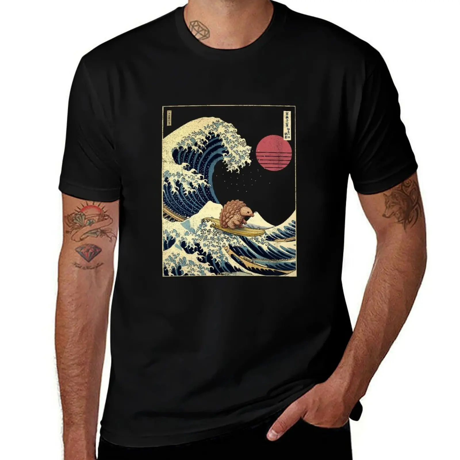 Pangolin Kanagawa Japanese Surfing Wave T-Shirt Basic Solid Color Short Sleeve T-Shirt