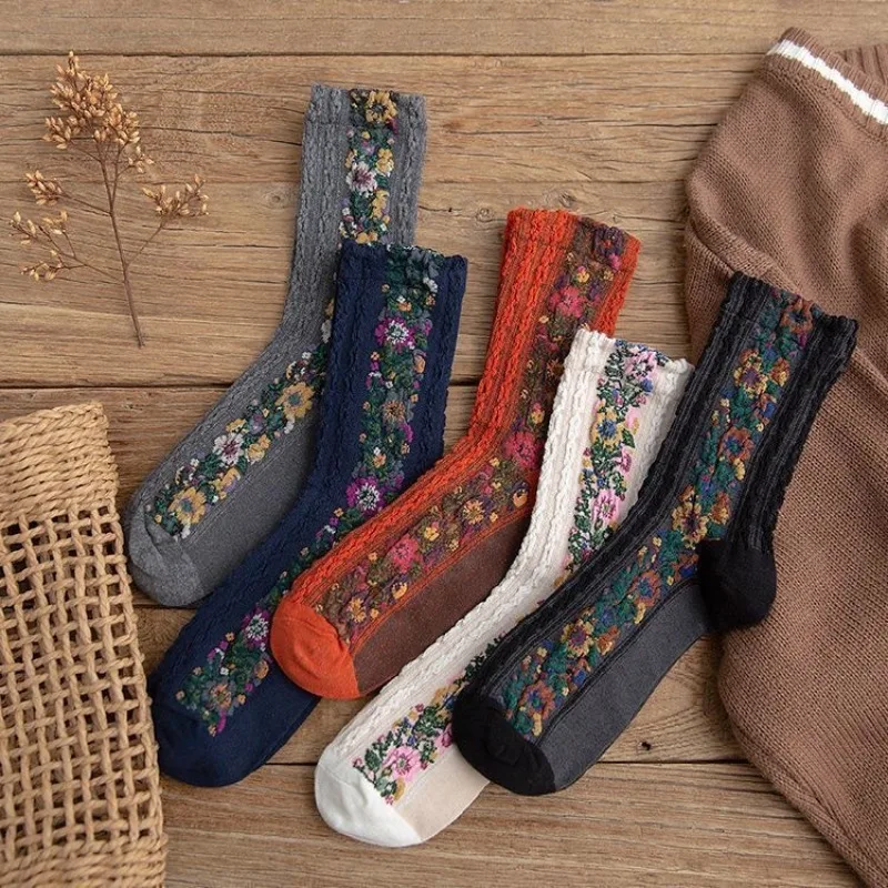 

5 Pairs Autumn Winter New Mid Length Socks, Spring and Summer Styles Retro Ethnic Style Flower Socks Children's Floral Patterns