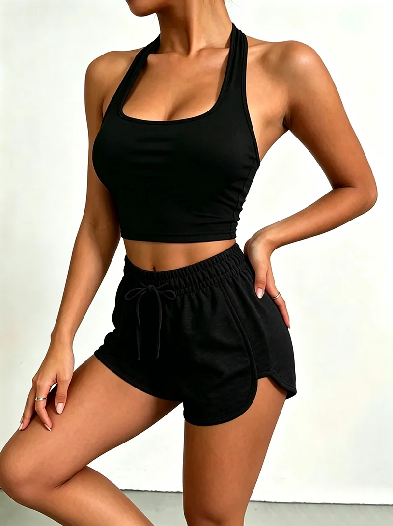

Women's outfit - Solid color halter top with backless vest and elastic waistband solid color drawstring shorts set
