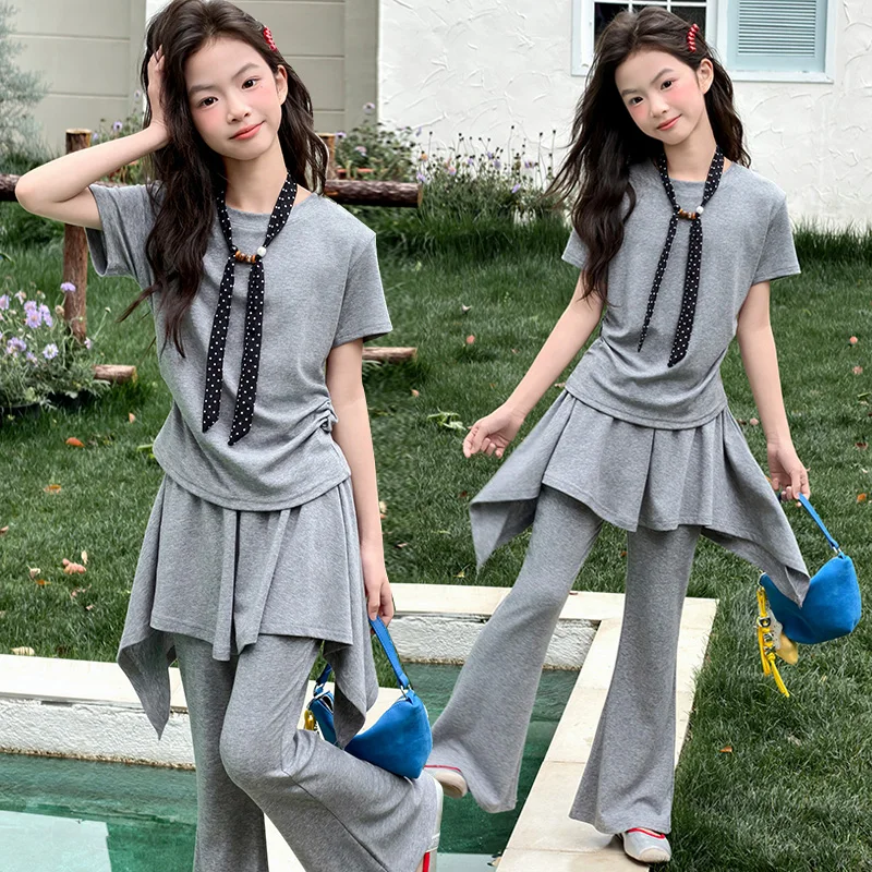 Teenage Girls Clothes Set Free Tie Top+Skirt Pants Fashion Asymmetry Curtain Design 2pcs Summer Kids Suit Child Outfits 5-14Year