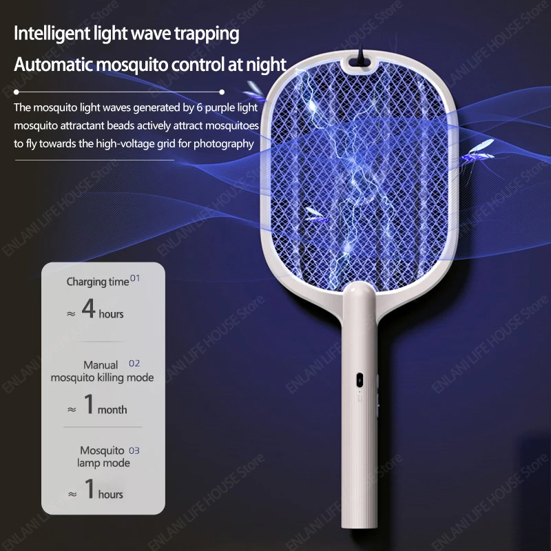 3-in-1 Electric Mosquito Swatter Upgraded 3000V Mosquito Swatter with TYPE-C Charging Fly and Insect Killer Racket