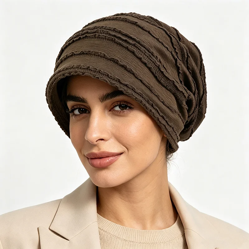Neue doppellagige, plissierte Spitzen-Slouchy-Mütze, eleganter, geraffter Turban, Kopftuch, muslimischer Hijab, elastische, einfarbige Mütze, Chemio-Cap – Detail 4