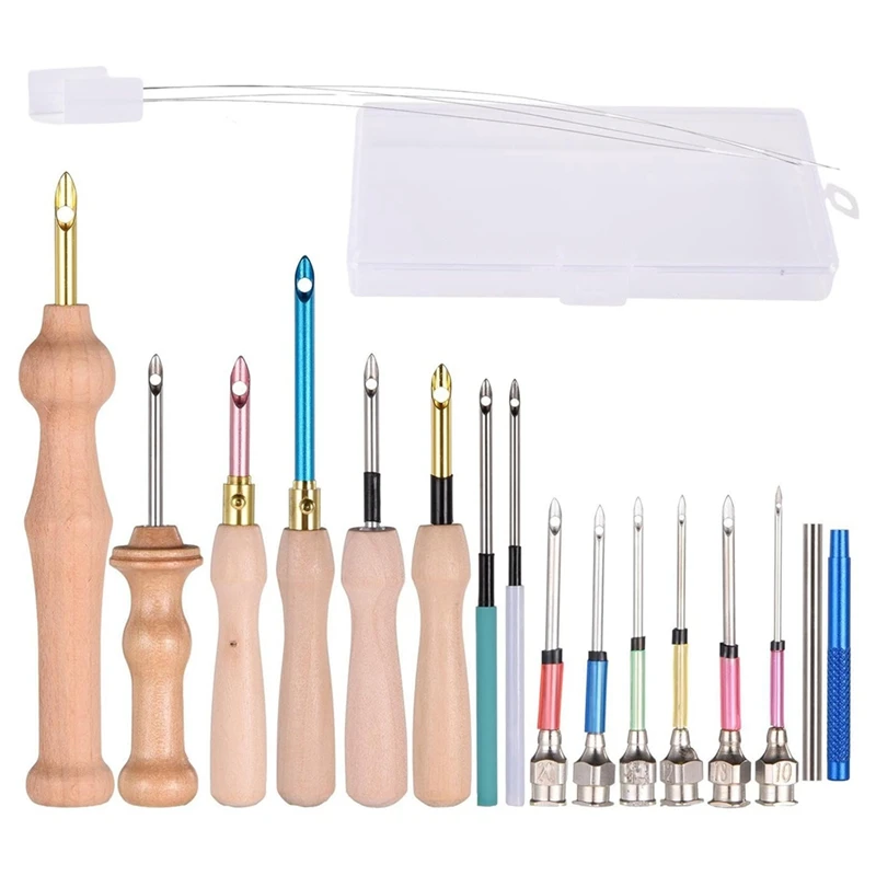 18 Piece Punch Pen With Wooden Handle Punch Needle Kit Punch Needle Tool For Embroidery Floss