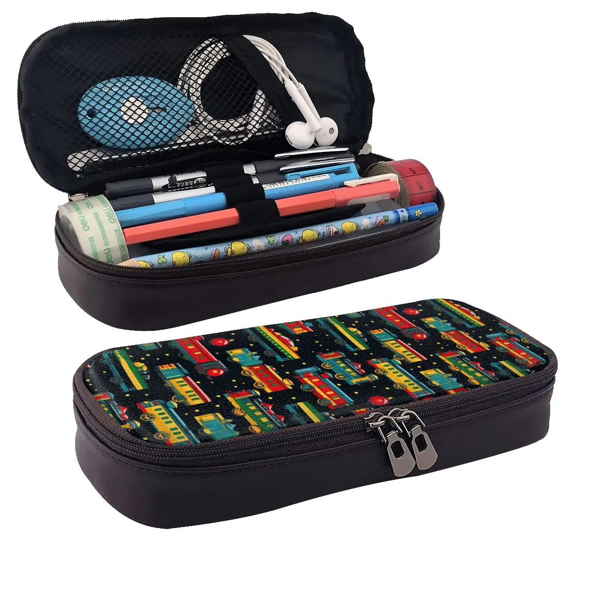 Cartoon Train Models Display Leather Pencil Cases Pencil Pouch Stationery Supplies Large Storage Pen Box Pencil Bag for Gifts