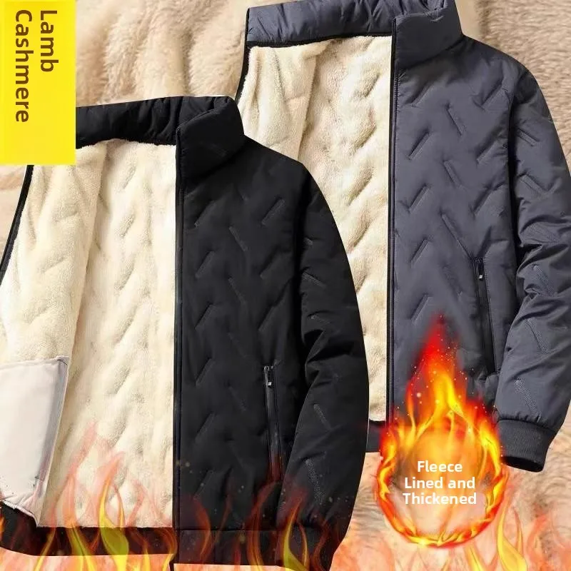 

Warm Cotton Jaet for Men Winter Thiened Lamb Velvet Zipper Stand Collar Outerwear Youth Faion Casual Long Sve Coat