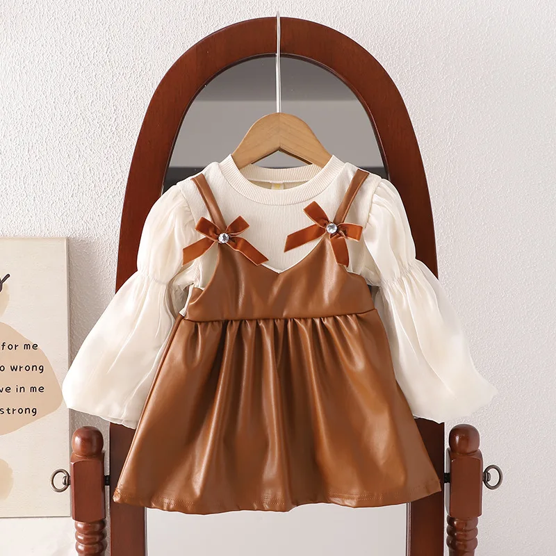 Childrens Clothing Girls Autumn Long Sleeved Dress Fake Two Pieces Medium and Small Childrens 2025 New Princess Childrens Dress