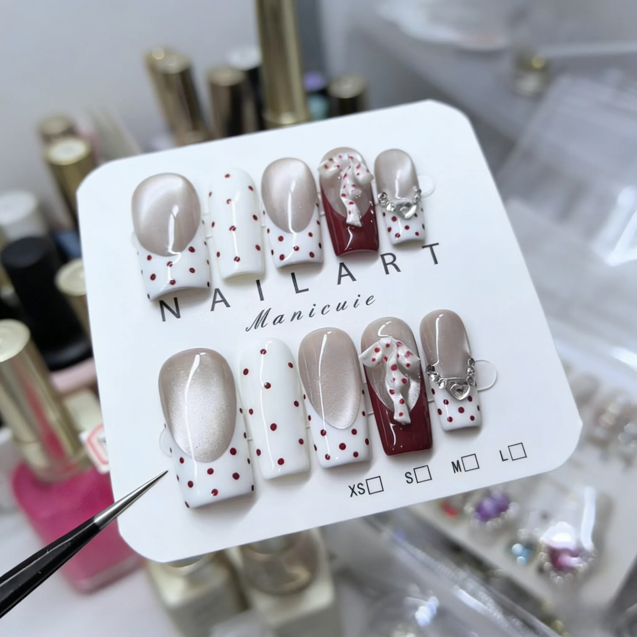 

10pcs French Polka Dots Handmade Nails 3D Bow Pearl Chain Press on Nail Medium Square Fake Nail for Women&Girl False Nail Art