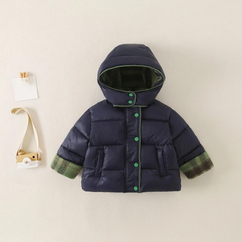 Children's Winter Cotton Clothing with Thickened 2026 New Checkered Color Blocked Buttons for Warmth and Simplicity