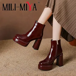 MILI-MIYA Fashion Platform Women Cow Leather Ankle Boots Round Toe Super High Thick Heels Solid Color Plus Size 34-40 Handmade