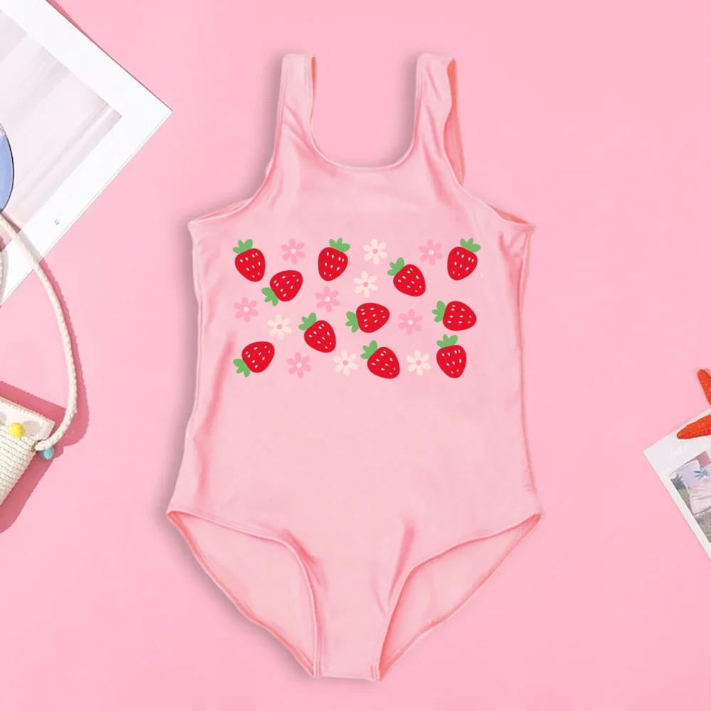 Fashion Cute Strawberry Pattern Print Child Swimsuit Cute Beach Kids One Piece Swimsuits Set Casual Girls Summer Clothing
