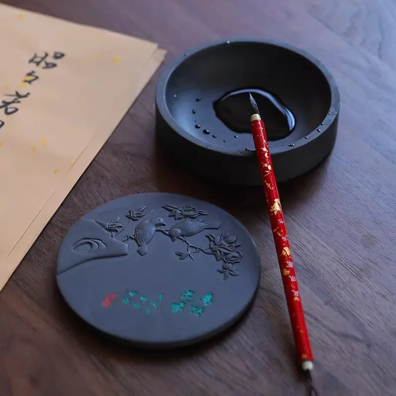 Traditional Chinese Ink Stone with Lid 5 Inch Natural Raw Stone Calligraphy Set Gift for Writer Painting Scholar Supplies