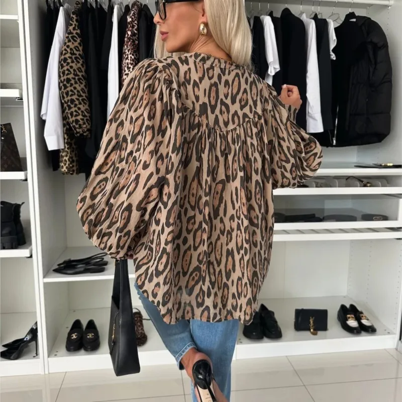 Autumn Fashion Street Leopard Print Loose Shirt Women Long Sleeve Casual Tops Office Holiday Blouses 2025 Spring Womens Clothing