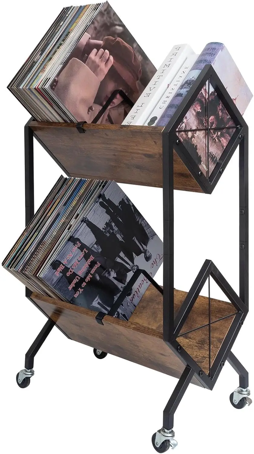 2-Tier Rolling Vinyl Record Storage Rack with Wheels, Holds 160-200 LPs, Retro Style Easy Assembly
