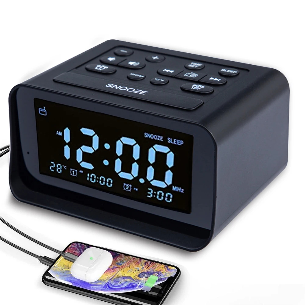 Reloj despertador Radio FM con cargador USB Dual, reloj despertador Digital LED, decoración del hogar, mesa de repetición, altavoz con temporizador para dormir de escritorio