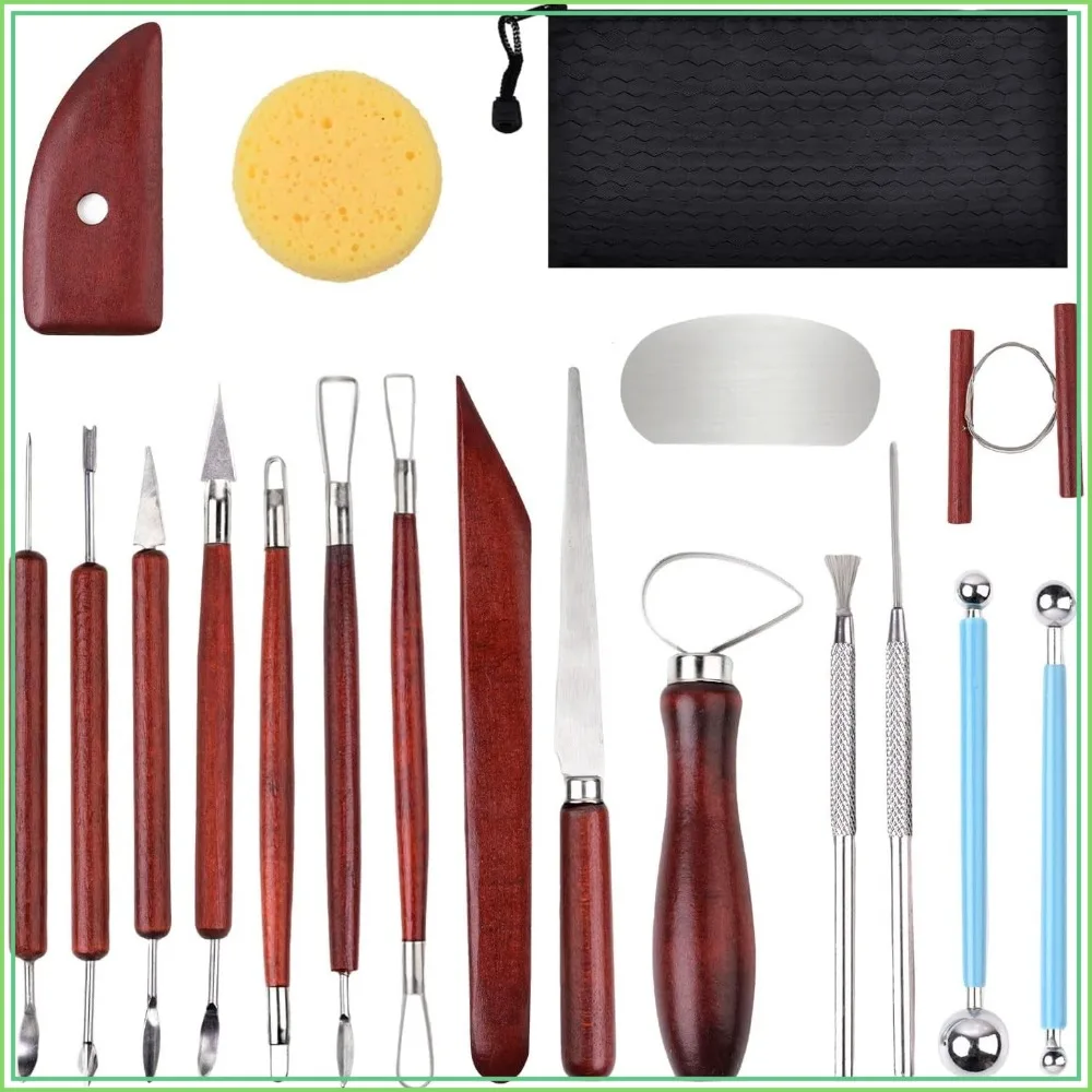 18PCS Clay Sculpting Tools, Pottery Carving Kit with Wooden Handles and Bag