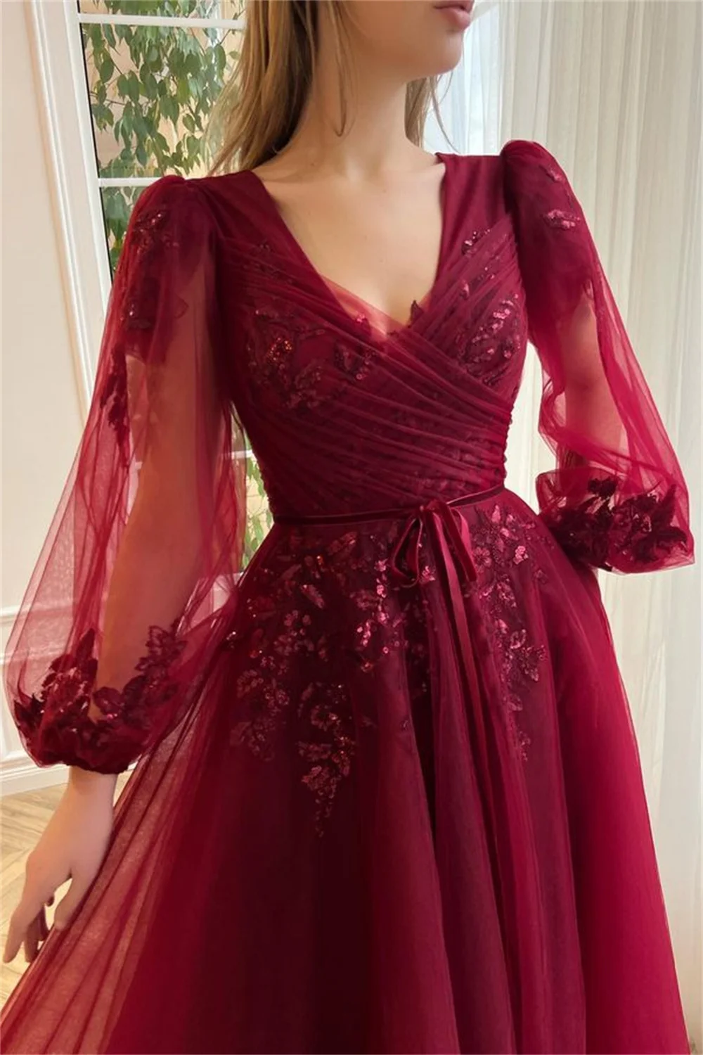 Bella Wine Red Lace Appliques abiti da sera a-line Tulle abito da sposa elegante maniche lunghe abiti da terra De Fiesta