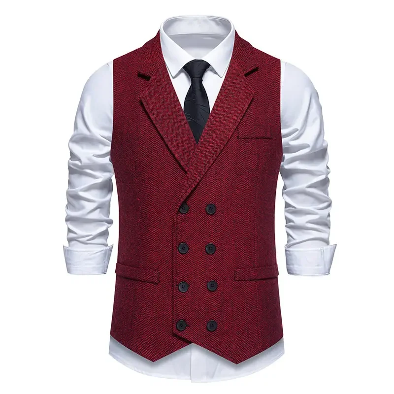 Fashion Men\'s Tweed Casual Vest Slim Fit Leisure double-breasted Herringbone Business Coffee Waistcoat Blazer Mens Clothing