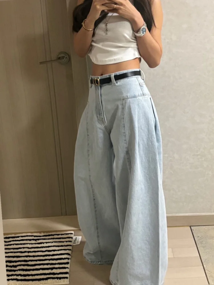 High Waist Women's Jeans Chic Spring Long Pants Wide Leg Slim Straight Washed Pleated New Small Design Fashionable Denim