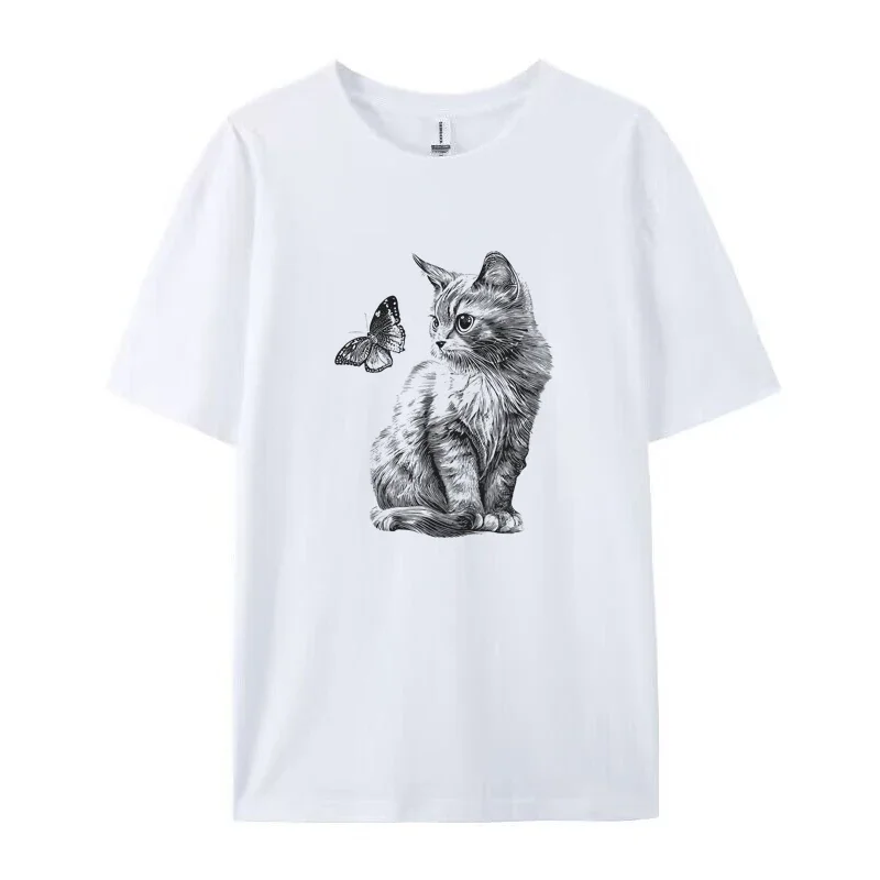 Plus Size Women T-shirt Cute Kitten Butterfly Graphic Tops Tee Aesthetic Loose Cotton Shirt Cottagecore 90s Retro Female Tshirts - view 3