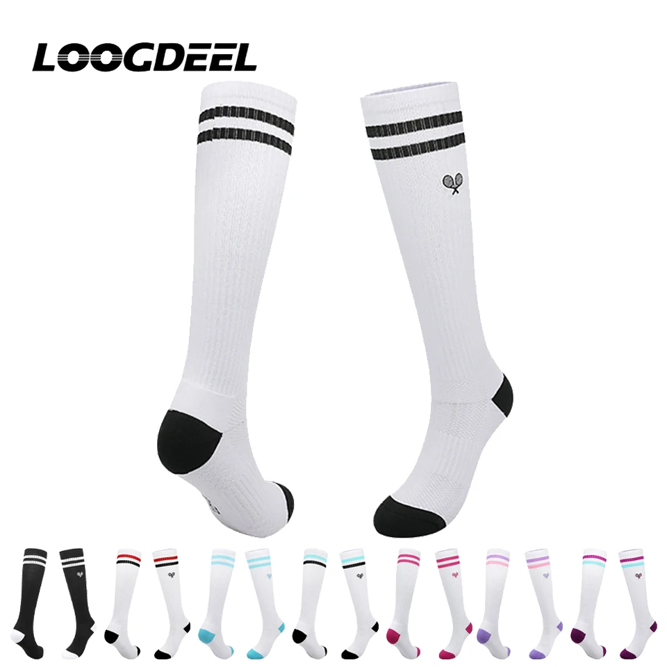 

Loogdeel профессиональные женские теннисные носки, длинные спортивные носки для бега, фитнеса, бадминтона, специальные спортивные носки с толстой полотенцесушителем, противоскользящие
